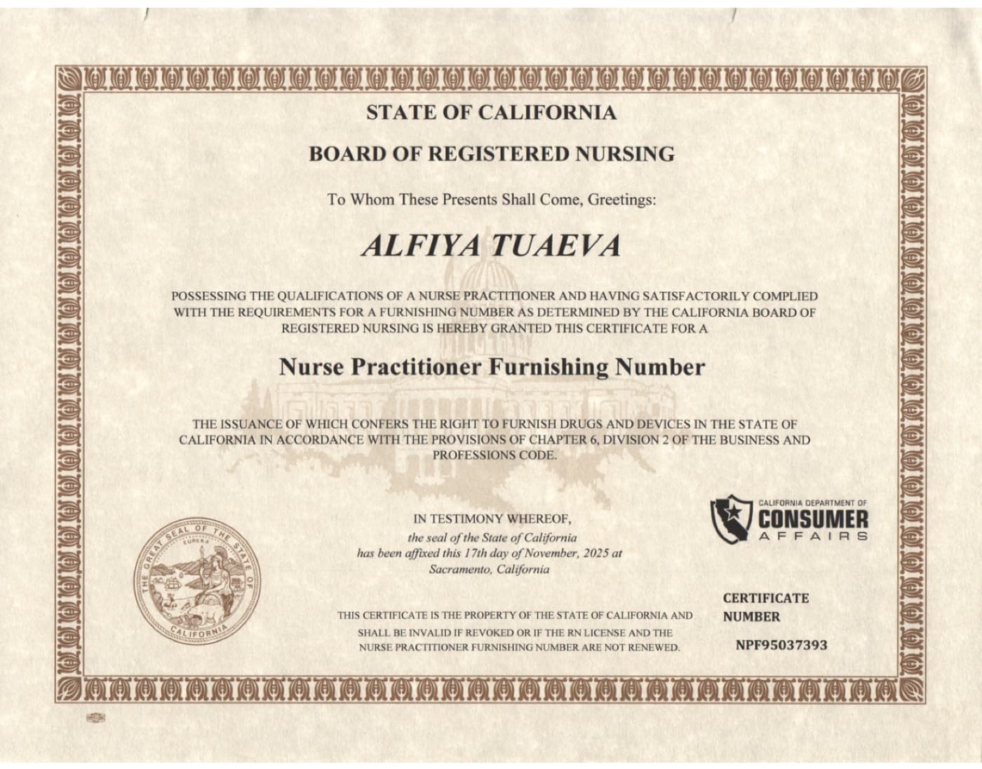 Nurse Practitioner Furnishing Number